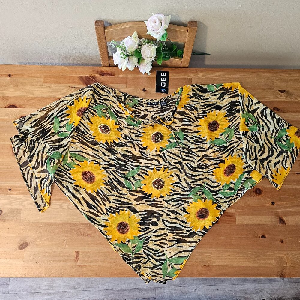 J GEE - Vintage Triangular Shawl Wrap Sunflowers Women Black